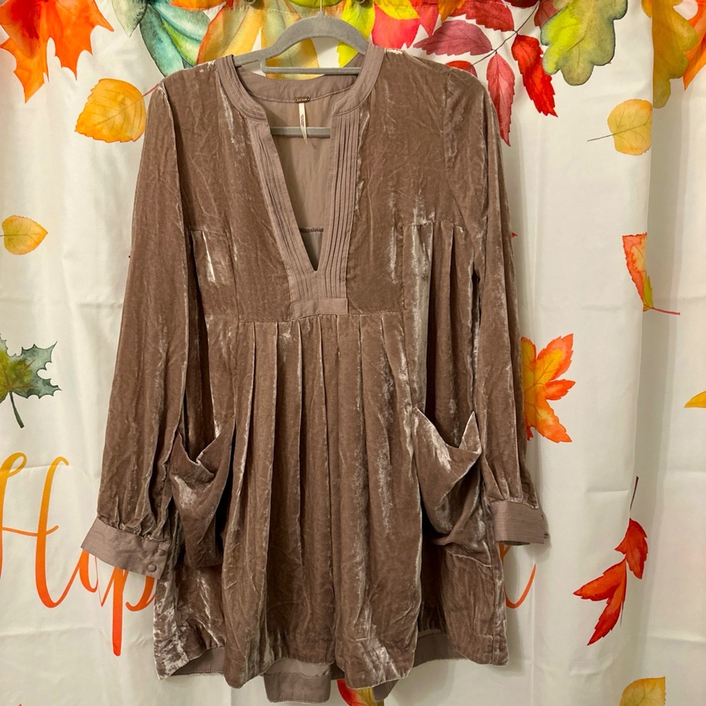Velvet V neck Tunic free people shimmers brown bohemian XS